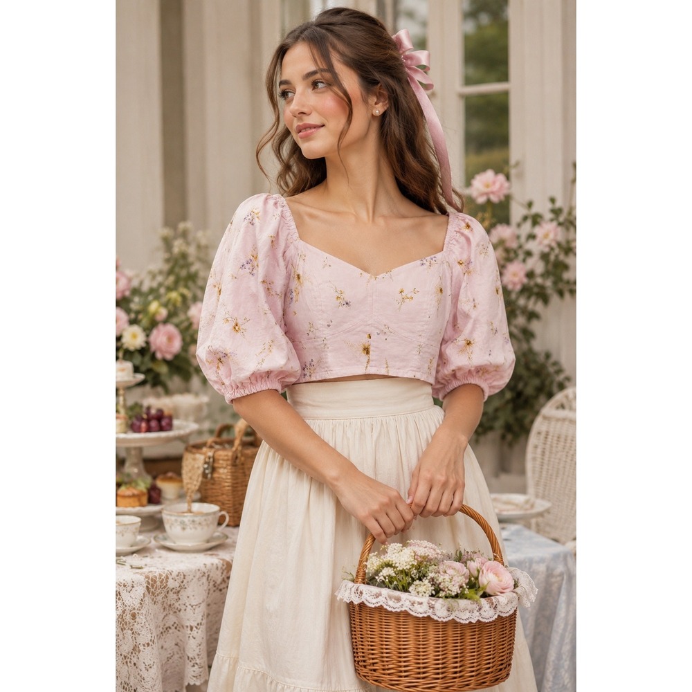H&M Floral Linen Blend Smocked Crop‎ Top Short Puff Sleeve Pastel Pink Small